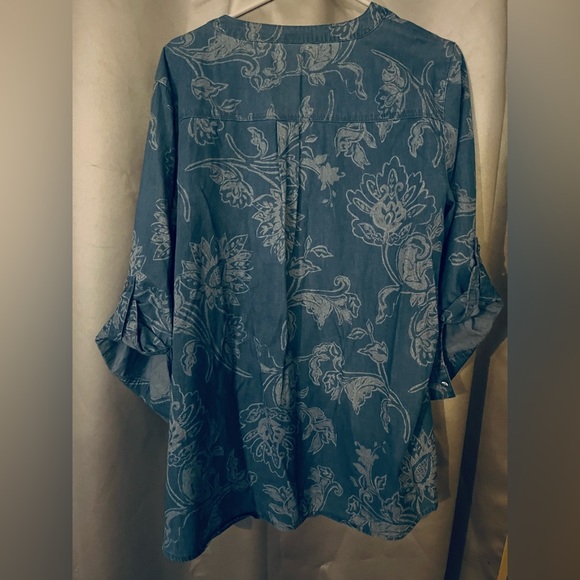 Chico's Women's flora Chambray Roll-tab 3/4 Sleeve Pullover Top Sz 3(XL/16) Blue - Picture 3 of 13